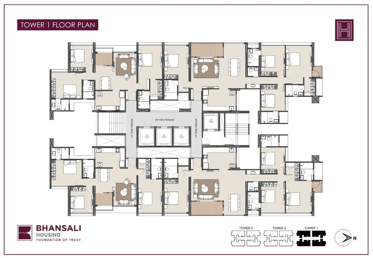 Bhansali Hamptonns Tower 1 typical floor plan with 4 apartments per floor