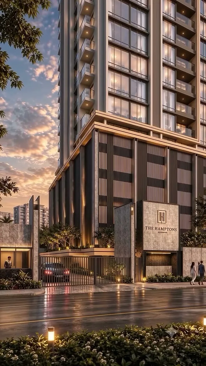 The Hamptonns Balewadi entrance and facade at dusk